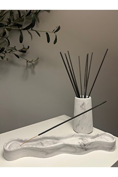 Elan Design Kums Desıgn Mermer Desenli Relax Tütsülük ve Vazo Seti