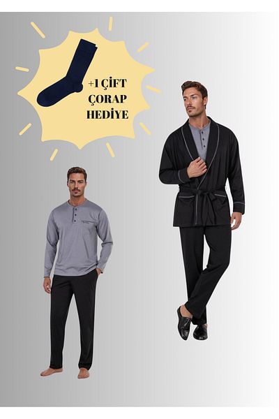 Pierre Cardin Robdöşambırlı Pijama Set 3-Piece Boxed Groom Dowry Set (1 Pair of Socks Gift) 6Pqi7Ekr1Rke6.4L