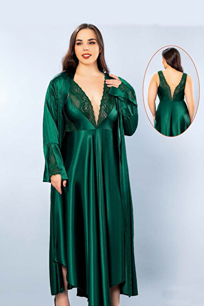 Viselya Set de halate de noapte din satin verde, mărime mare
