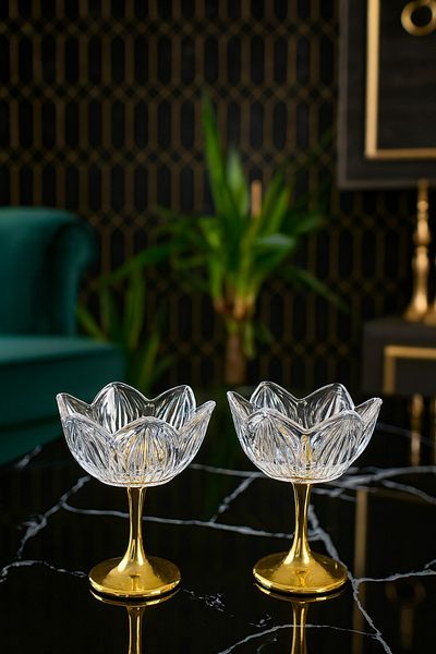 Gülümseten Avm Glass Lotus Flower Presentation Stand with Gold Legs – Set of 2 Sugar Bowl, Turkish Delight Bowl, Coffee Side Treat