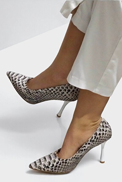 ERS Air Comfort Hakiki Yılan Derisi Natürel Kadın Stiletto 9 cm İnce Topuk Şık Sivri Burun Topuklu Ayakkabı