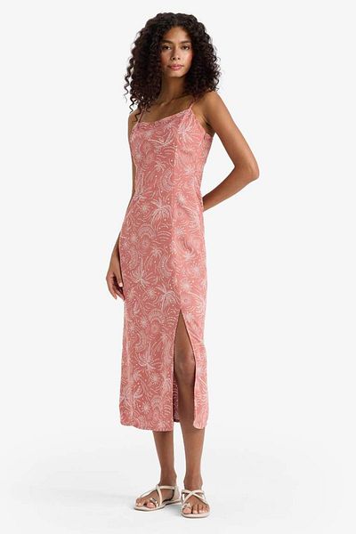 DeFacto New Season Square Neck Patterned Slit Linen Blend Strap Midi Dress