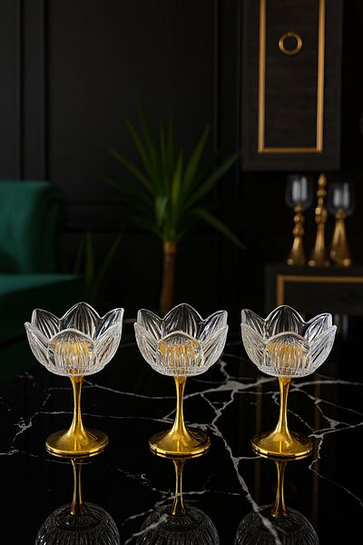 Gülümseten Avm Glass Lotus Flower Presentation Stand with Gold Legs – Set of 3 Sugar Bowl, Turkish Delight Bowl, Coffee Side Treat