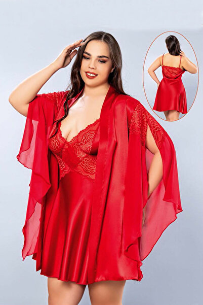 Viselya Dantelli Kırmızı Büyük Beden Gecelik Sabahlık Takım