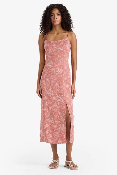 DeFacto New Season Square Neck Patterned Slit Linen Blend Strap Midi Dress