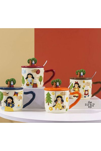 Generic Ceramic mug with decorative designs, comes with matching lids and spoons.