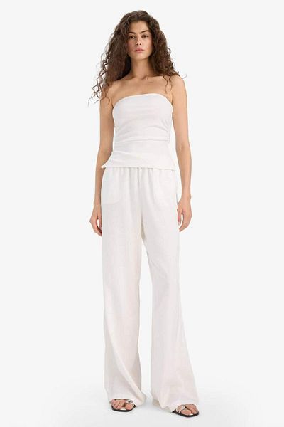 DeFacto New Season Wide Leg Double Pocket Elastic Waist Standard Size Linen Blended White