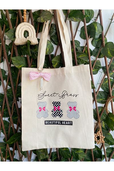 GOER STORE Pink Teddy Bear Detailed Charmed Cotton Cloth Bag