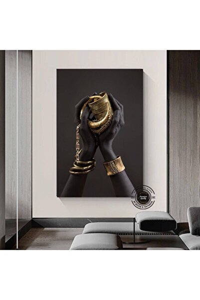 idora Afrikalı Kadın Kanvası, Altın ve Siyah Renklerde Dikey Kadın Portresi, ...