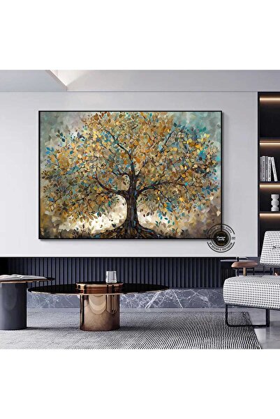 idora Mavi ve Altın Yapraklı Ağaç Tablosu, Lüks Botanik Duvar Sanatı, Ev İçin...