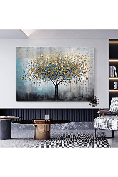 idora Mavi ve Altın Yaldızlı Ağaç Tablosu, Lüks Botanik Duvar Sanatı, Zarif K...