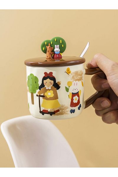 Generic Ceramic mug with decorative designs, comes with matching lids and spoons.