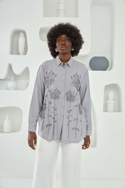 MİA NOURA Women's Front Bead Embroidered Oversize Shirt