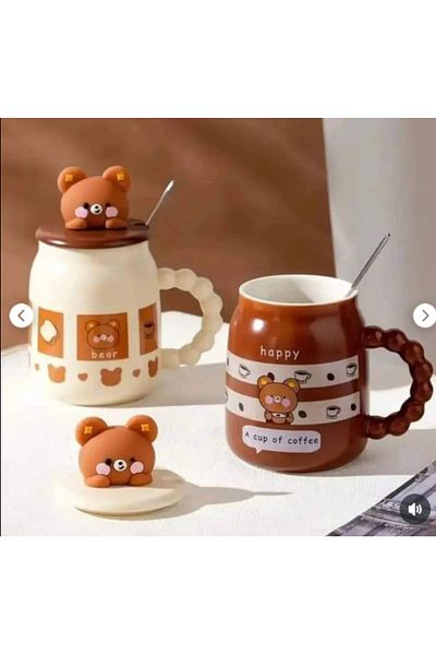 Generic Cute bear design ceramic mug, suitable for hot drinks, with lid and spoon