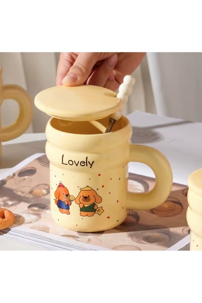 Generic Funny ceramic mug with lid and spoon