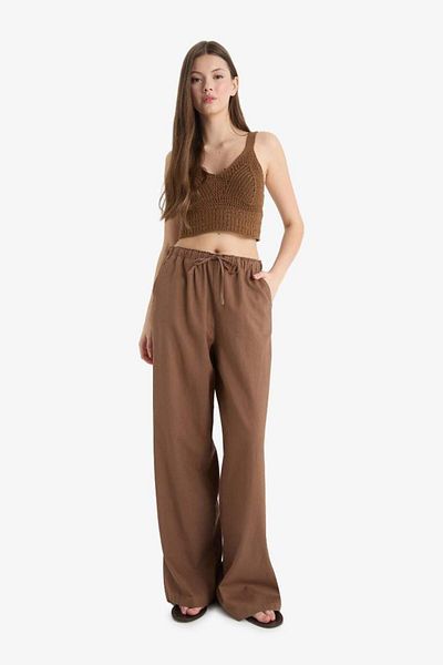 DeFacto New Season Wide Leg Double Pocket Elastic Waist Standard Length Linen Blended Trousers