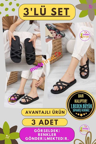 Modafırsat 3 Pack Women's Daily Slippers Non-Slip Guest Bundle Home Beach Sea Out Slippers Triple Slippers Set