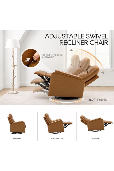 Generic 360° Swivel Recliner Chair with Leather Soft Padded Upholstery for Living Room - Brown