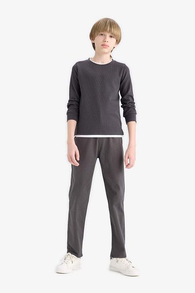 DeFacto Boy's Crew Neck Basic Plain Waffle Long Sleeve School T-Shirt V1186A625Au
