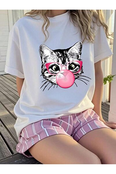 SVART WEAR تي شيرت بناتي مطبوع عليه قطة مصنوع من القطن بنسبة 100%