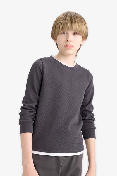 DeFacto Boy's Crew Neck Basic Plain Waffle Long Sleeve School T-Shirt V1186A625Au