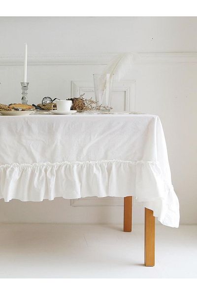 METİNEV Ruffled Flowy Cotton-Linen Rectangular Tablecloth – Natural and Stylish Touch