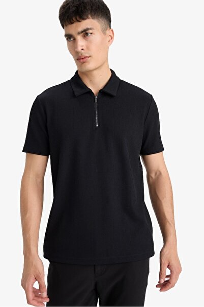 DeFacto Regular Fit Polokragen Halbreißverschluss Kurzarm Falten Schwarz T-Shirt B7355AX24SP