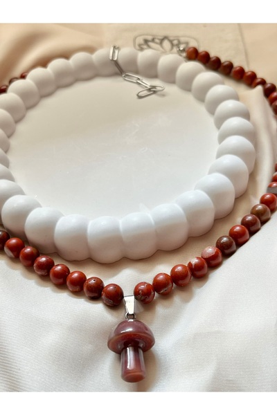 sanghatelier Jasper Taşı Mantar Uçlu Çelik Kolye