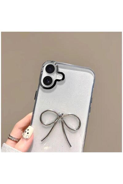 Pro Aksesuar Apple iPhone 16 Plus Compatible Case Metal Bow Silicone Case Transparent