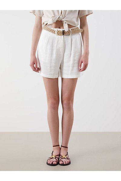LC Waikiki Women's Pleated Shorts with Belted Linen Blend