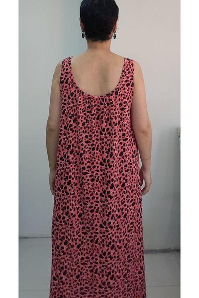Mertcan Butik Coral Black Leopard Print Front and Back Gathered Strap Combed Viscose Dress