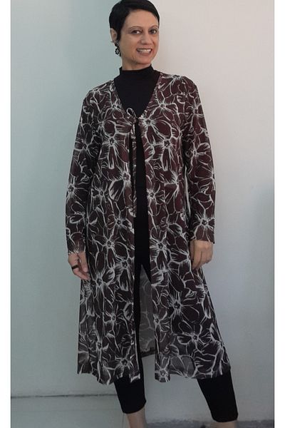 Mertcan Butik Brown Floral Print V-Neck Front Lace-Up Long-Sleeved Tulle Jacket