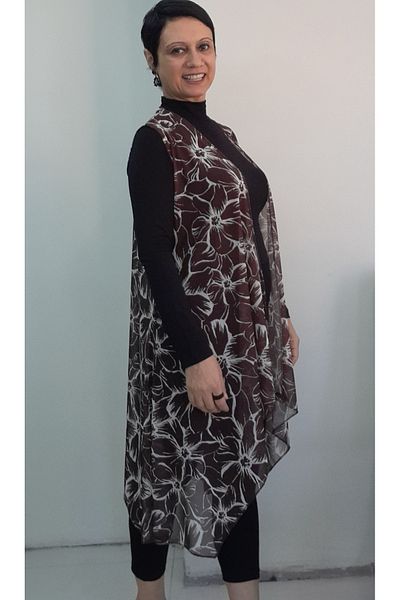 Mertcan Butik Brown Floral Print Asymmetrical Cutout Shawl Collar Tulle Vest
