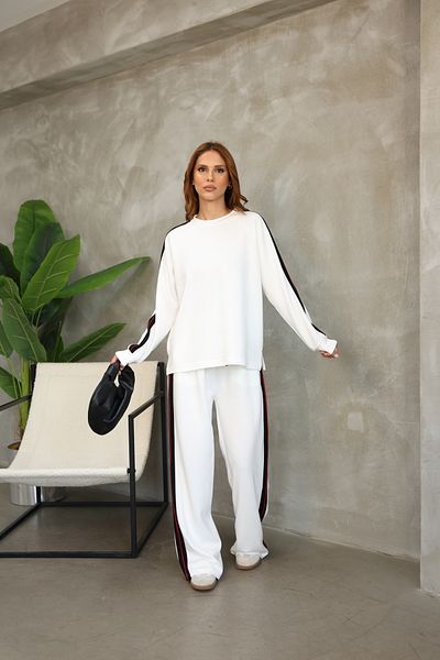 sportiness Wide Leg Modal Fabric Tracksuit Set with Piping Stripe Detail