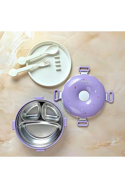 Twisoo Donut Stainless Steel Lunch Box Double Decker BPA Free Leakproof Clip Lock 3 Compartment with