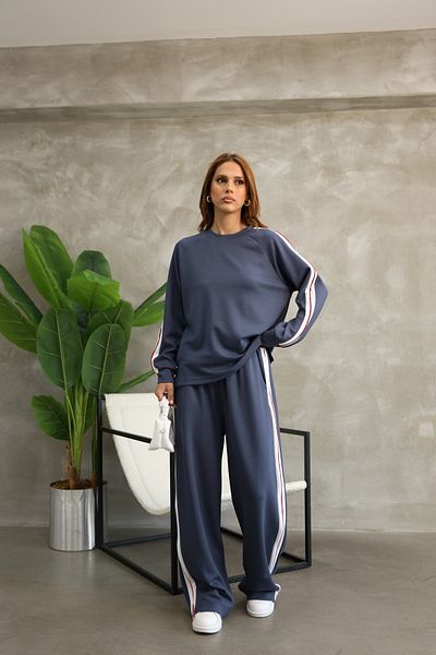 sportiness Wide Leg Modal Fabric Tracksuit Set with Piping Stripe Detail