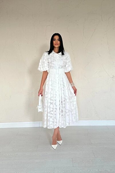 anizmir Ecru Belted Balloon Sleeve Dress