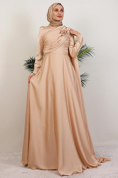 GİYZAMİLA Alaz Satin Rose Evening Dress Sütlükkahve