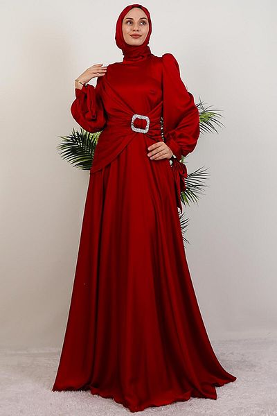 GİYZAMİLA Front Stone Buckle Dress Burgundy