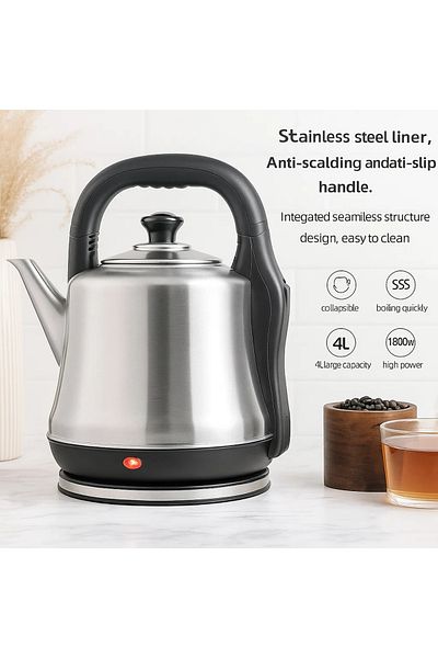 Biki Electric Kettle – 4L Large Capacity – 1800W High Power – Stainless Steel – Fast Boil