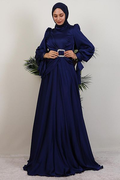 GİYZAMİLA Front Stone Buckle Dress Navy Blue