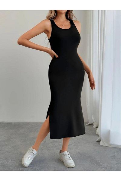 modamtn Women's Strap Round Neck Side Slit Viscose Dress with Lace Detail on the Back