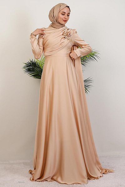 GİYZAMİLA Alaz Satin Rose Evening Dress Sütlükkahve