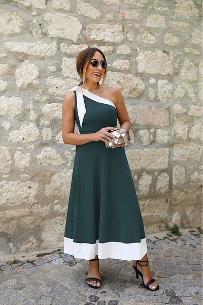 modamtn Women's One Shoulder Open Shoulders Ribbon Detailed Double Color Imported Crepe Dress