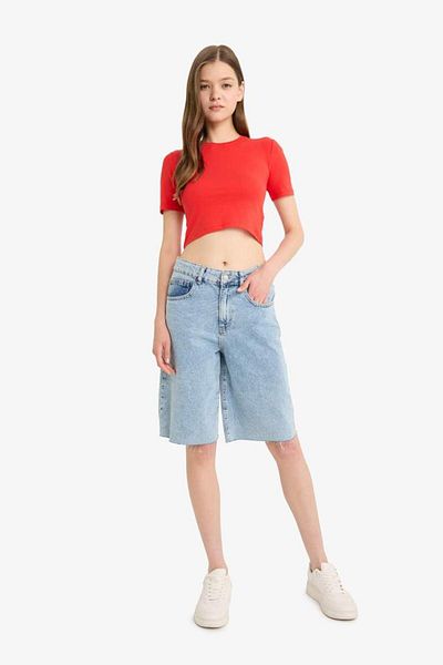 DeFacto New Season Coool Fitted Crop Basic Plain Red Short Sleeve T-Shirt