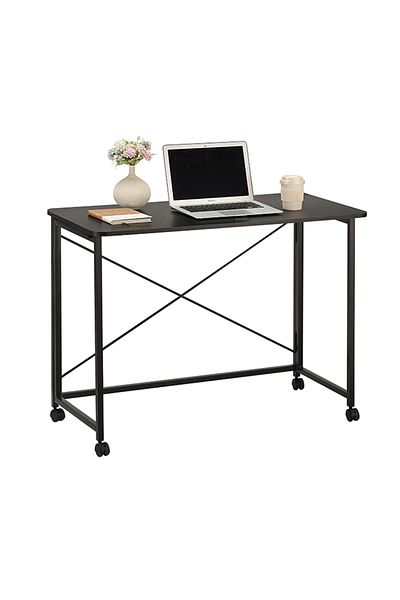 Lawazim Folding Table - 80x40x75cm - Computer Desk with Wheels, Wooden Top, & Iron Frame