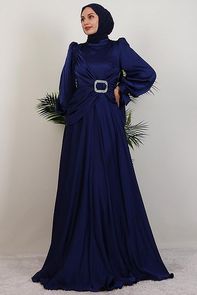 GİYZAMİLA Front Stone Buckle Dress Navy Blue