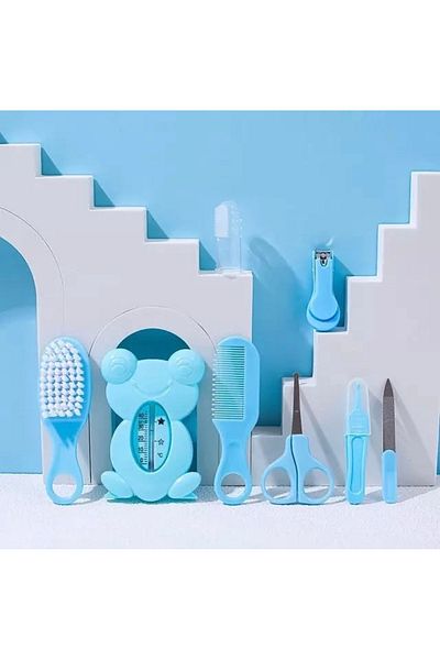 Generic Complete baby care set containing essential hygiene tools and a thermometer