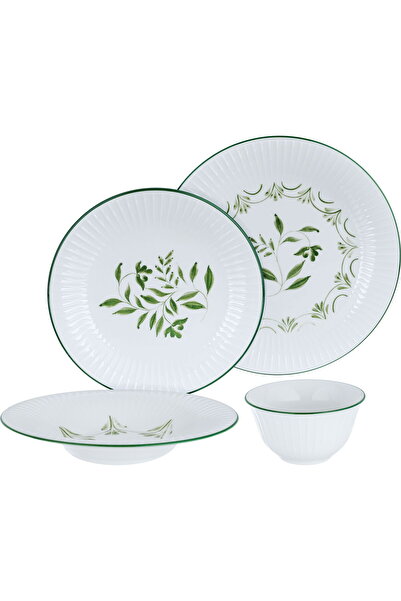 Alsaif Gallery Porcelain Dinner Set with Green Pattern, Alsaif Gallery, 24 Pieces - White