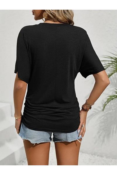 modamtn Women's Short Sleeve Crew Neck Side Gather Detail Bat Sleeve Viscose Blouse